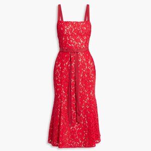 Oscar de la Renta Fluted Cotton-blend Corded Lace Midi Dress In Red 4 NWT